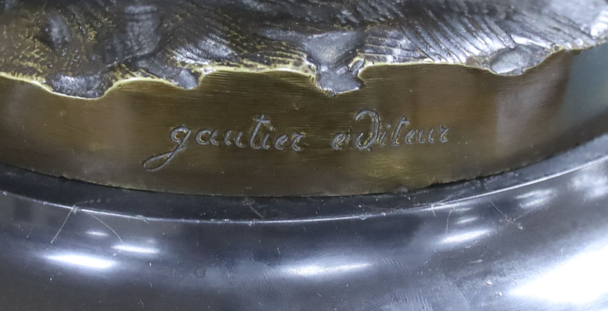 A large 19th century bronze and marble figural mantle clock, Gautier editeur foundry mark 64cm. Key and pendulum